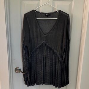 Mix-media Charcoal Gray V-Neck Blouse